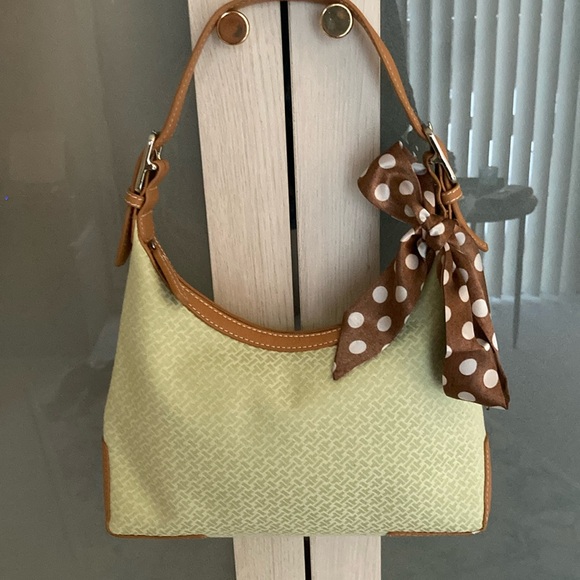 Talbots Handbags - TALBOTS Shoulder Bag Small Top Zipper Single Strap Green Jacquard Tan Leather